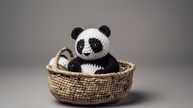 Un osito panda tejido en una cesta