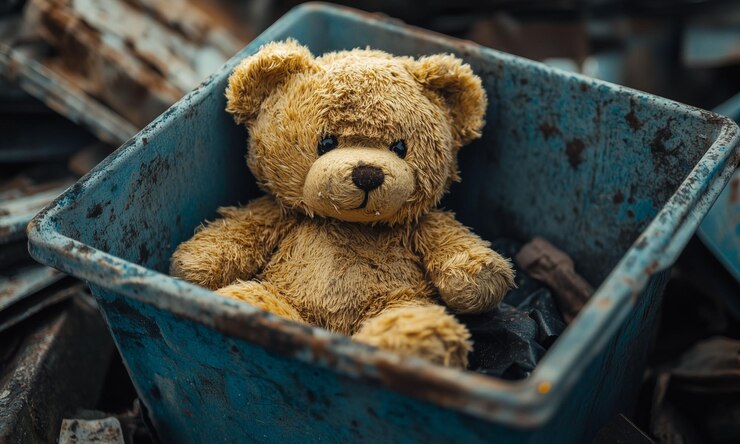 Osito de peluche abandonado en un contenedor