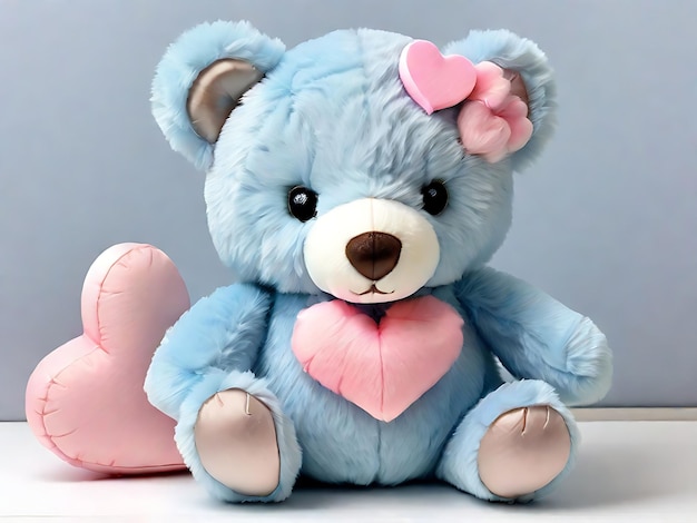 Foto osito de peluche azul pastel con corazón rosado juguete de pelucha para niños lindo