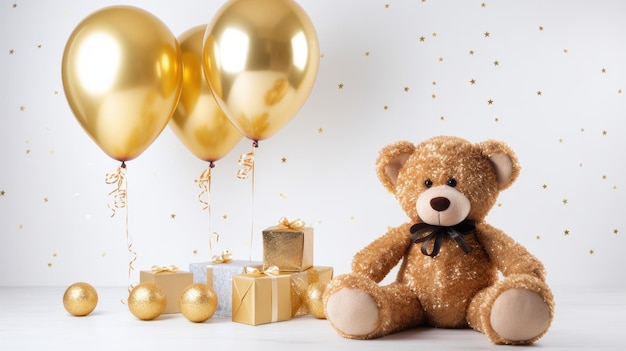 Foto osito de peluche fotorrealista con globos de cumpleaños