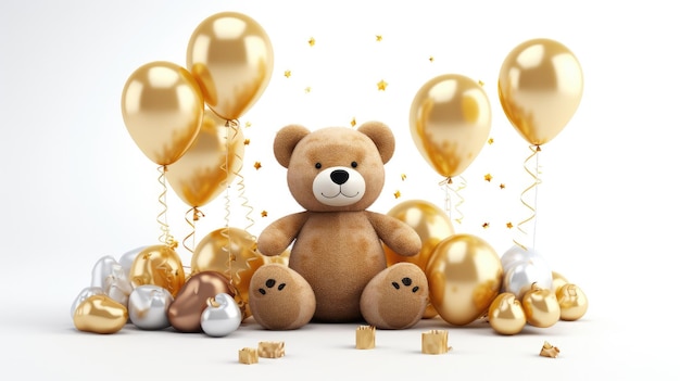 Osito de peluche fotorrealista con globos de cumpleaños