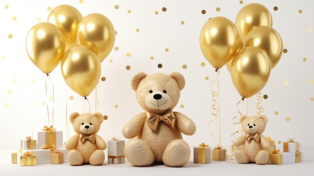 Osito de peluche fotorrealista con globos de cumpleaños