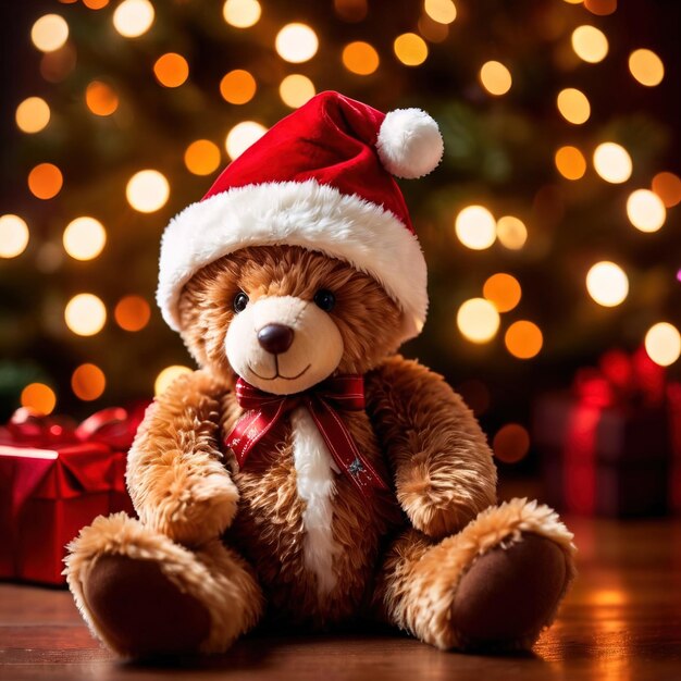 Foto osito de peluche de navidad con sombrero de papá noel bajo el árbol de navidad regalo tradicional de peluches