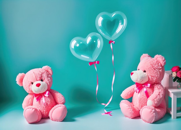 Osito de peluche rosa con globos sobre fondo turquesa IA generativa