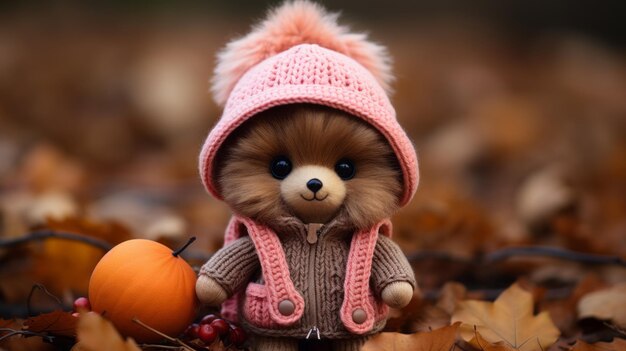 un osito de peluche con un sombrero rosa y sosteniendo una calabaza naranja