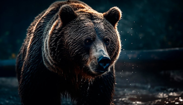 Un oso en el agua con un fondo oscuro.