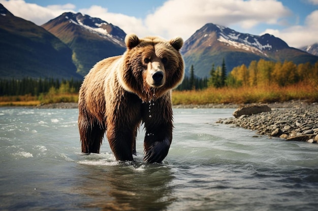 un oso en el agua con montañas en el fondo