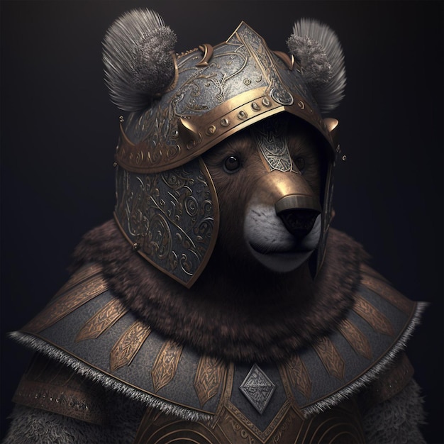 oso con armadura vikinga y casco con cuernos