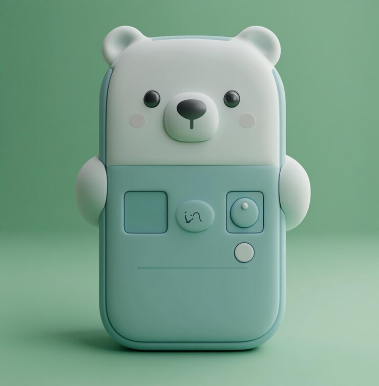 Foto un oso azul y blanco con un botón en su cara está sosteniendo un teléfono celular