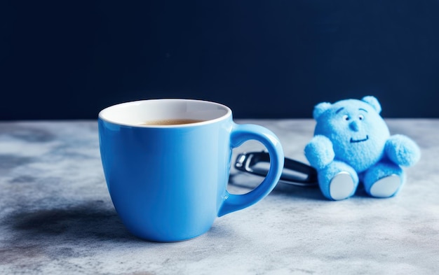 Foto oso azul con una taza de café sobre fondo azul concepto de lunes azul ia generativa