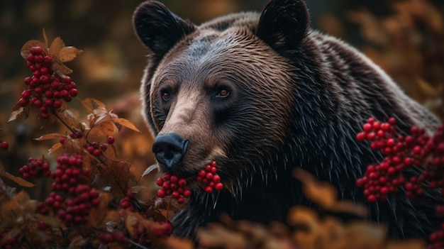 Un oso con una baya roja en la boca.