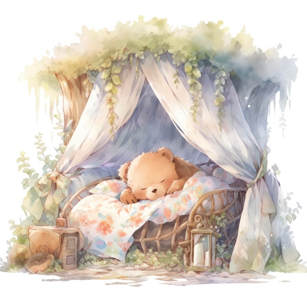 Foto un oso bebé adormecido en una ilustración de acuarela para camas