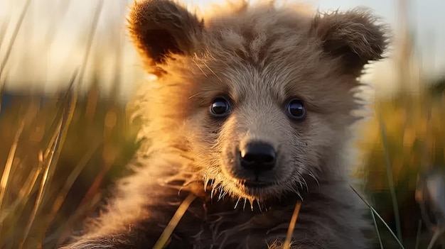 Un oso bebé está sentado en la hierba alta