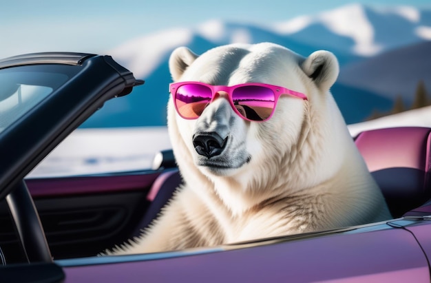 Foto un oso blanco con gafas rosadas conduciendo un coche rosado