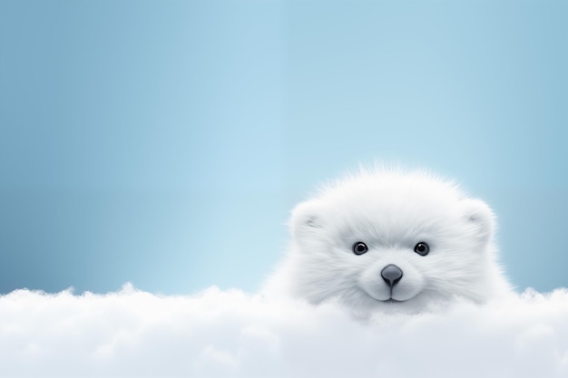 oso blanco lindo en fondo de color azul suave y blanco borroso para un diseño lindo y relajante