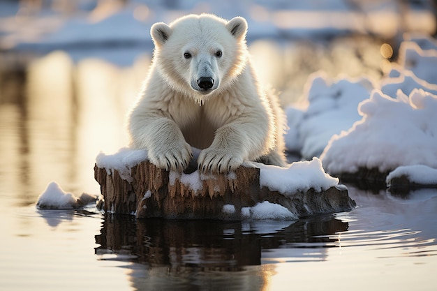 oso blanco polar bebé en un témpano de hielo en el agua en invierno