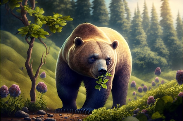 Un oso en un bosque con una hoja en la boca.