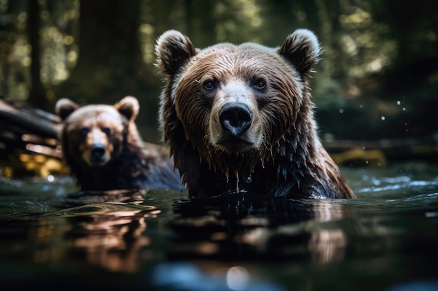 Un oso con un cachorro nadando bajo el agua IA generativa