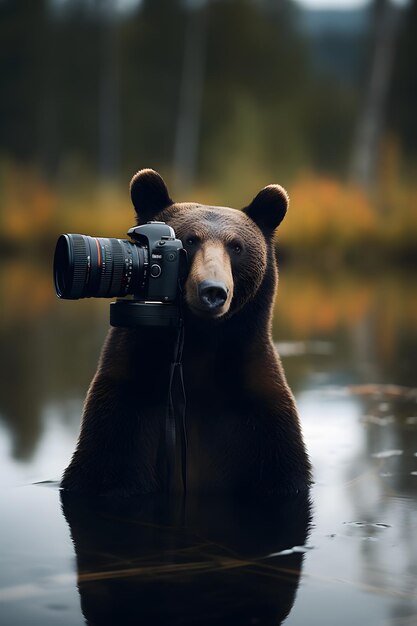 Un oso con una cámara en un lago.