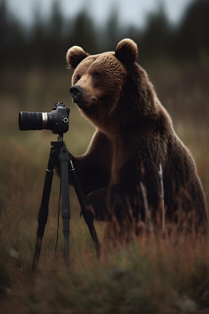 Un oso con una cámara en un trípode.