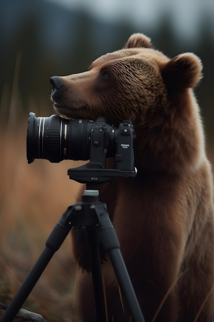 Un oso con una cámara en un trípode.