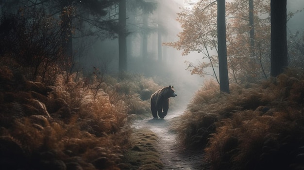 Un oso camina por un bosque por la mañana.