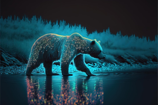 Un oso camina en un lago con estrellas.