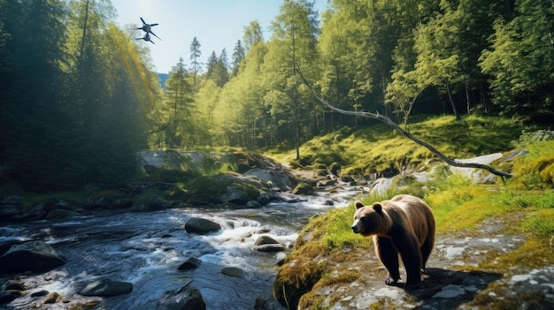 un oso camina a lo largo de un río en el bosque.