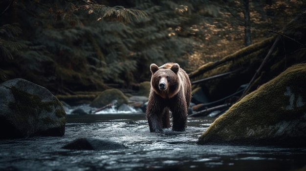 Un oso camina por un río en el bosque.