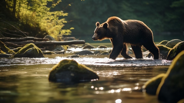 un oso caminando a través de un río junto a las rocas