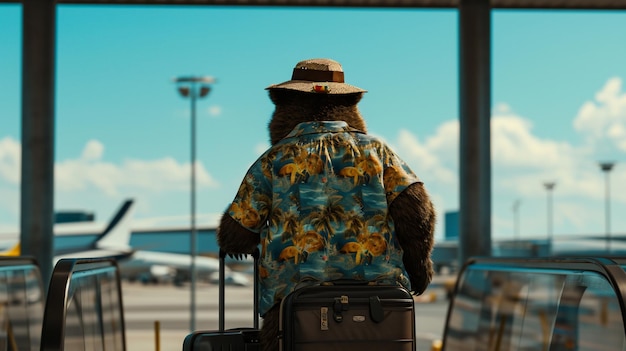 un oso con una camisa turística y un sombrero llevando una maleta grande con un aeropuerto Generative Ai