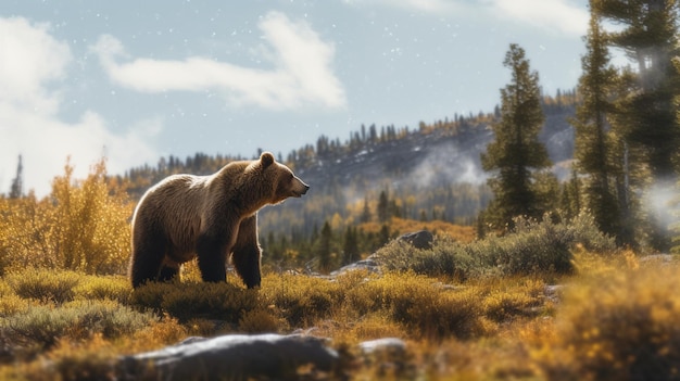 Un oso en un campo con una montaña al fondo.