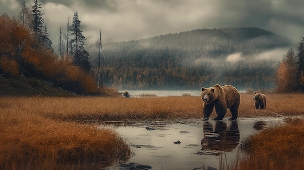 Un oso en un campo con montañas al fondo.