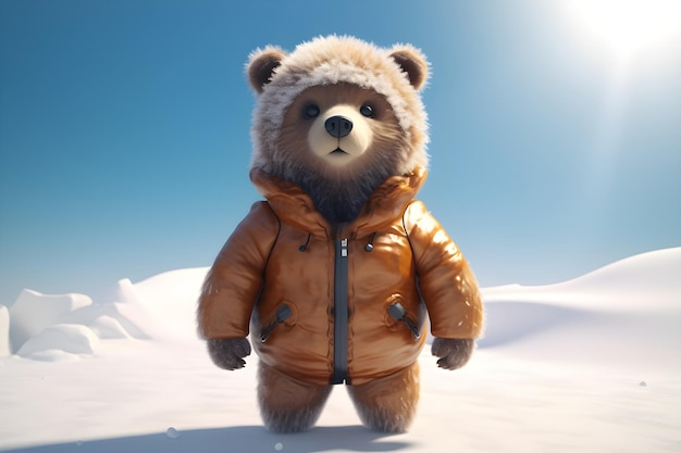 Un oso con chaqueta se para en la nieve.