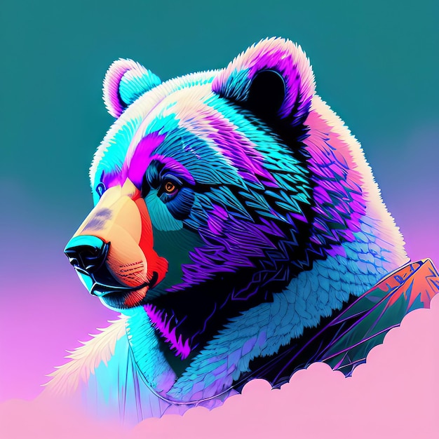 Un oso colorido con un fondo rosa y azul.