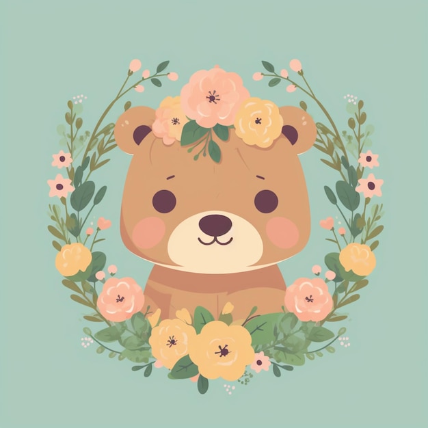 Un oso con una corona de flores.