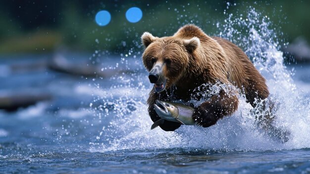 oso corriendo en el río en la temporada de invierno