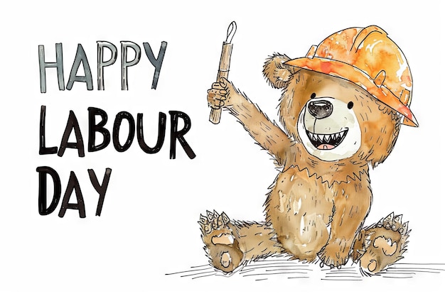 Oso de dibujos animados con un casco de construcción a la derecha de la imagen texto HAPPY LABOUR DAY en el fondo blanco de la izquierda