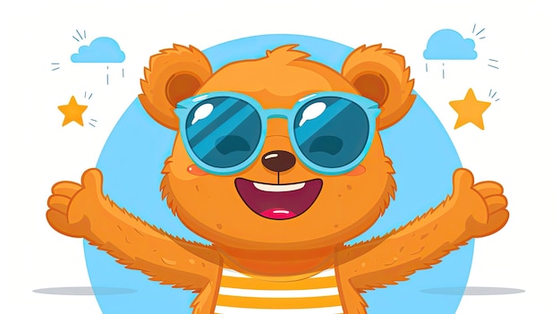 Foto un oso de dibujos animados con gafas de sol y una camisa a rayas está sonriendo