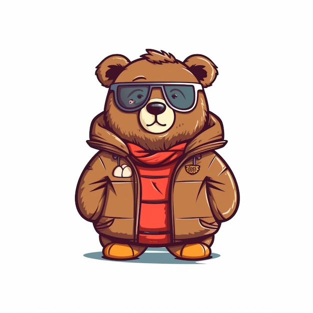 Foto oso de dibujos animados con gafas de sol y una chaqueta con una bufanda roja