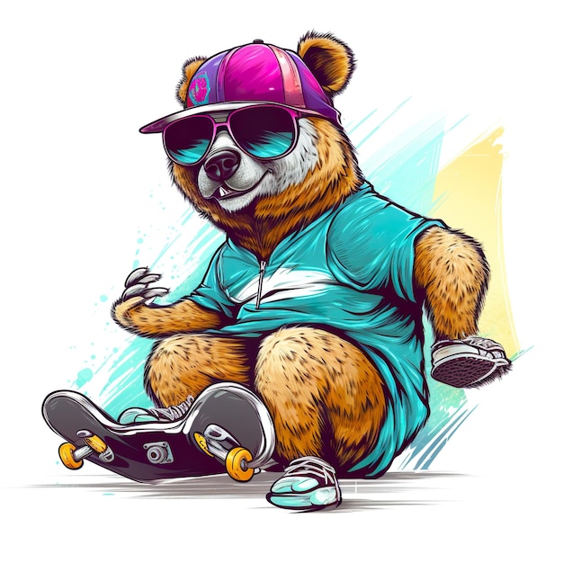 Un oso de dibujos animados con gafas de sol y un sombrero sentado en una patineta Imagen generativa de IA