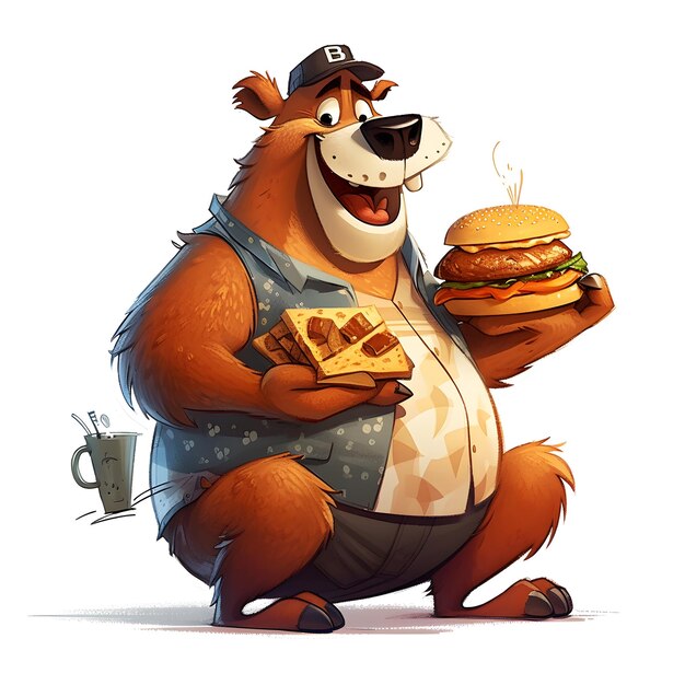 Un oso de dibujos animados con una gran hamburguesa y una camiseta que dice 'oso'