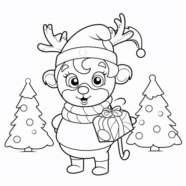 un oso de dibujos animados con un regalo de navidad frente a un árbol de navidad ai generativo