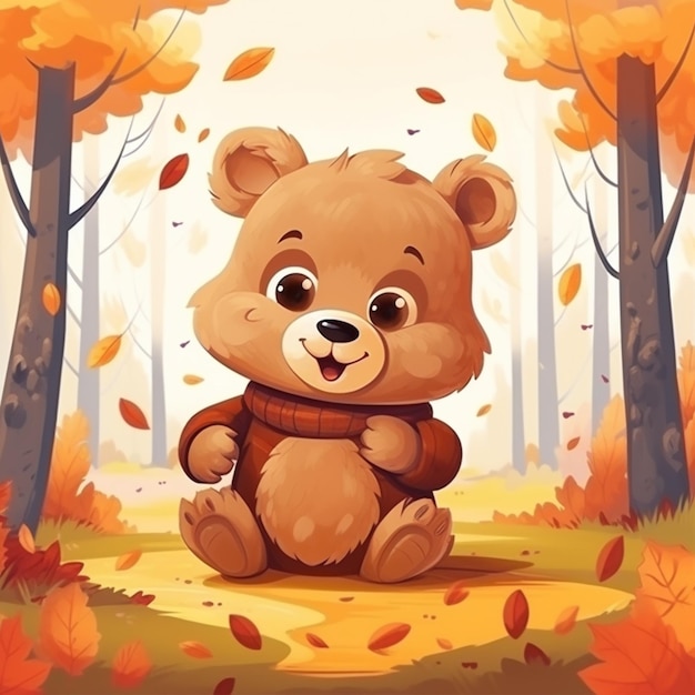 oso de dibujos animados sentado en el bosque con hojas de otoño generativo ai