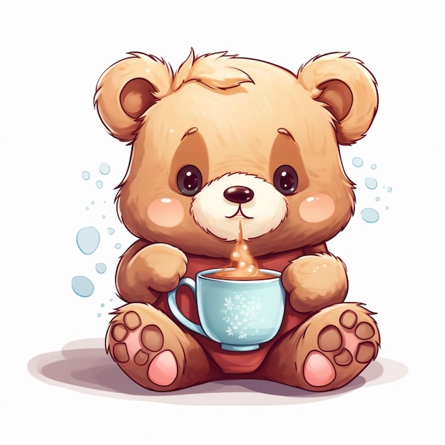 oso de dibujos animados sentado con una taza de café generativo ai