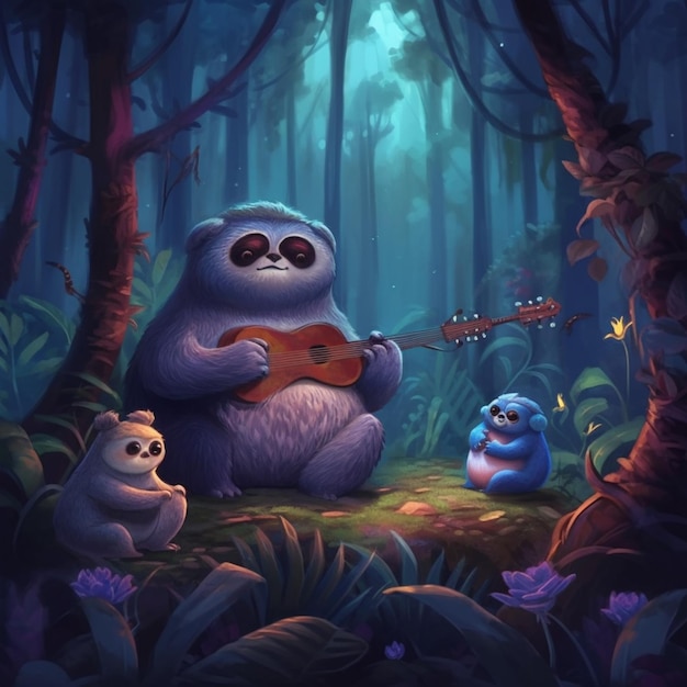 un oso de dibujos animados tocando una guitarra en el bosque con otros animales generativos ai