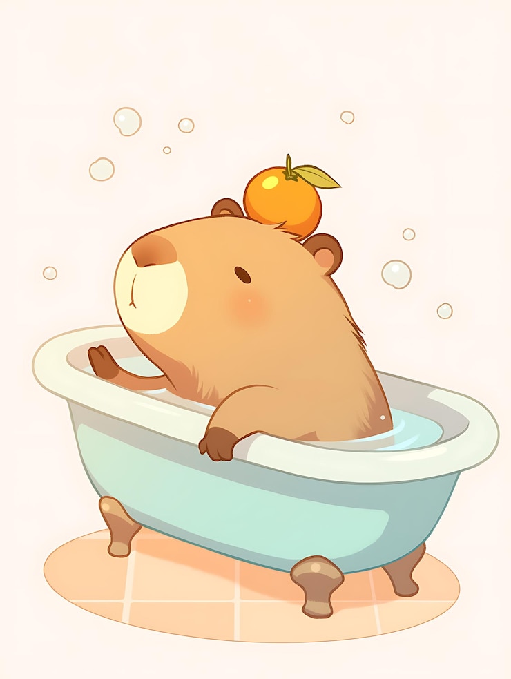 Foto un oso de dibujos animados tomando un baño con una naranja en la parte superior de su cabeza
