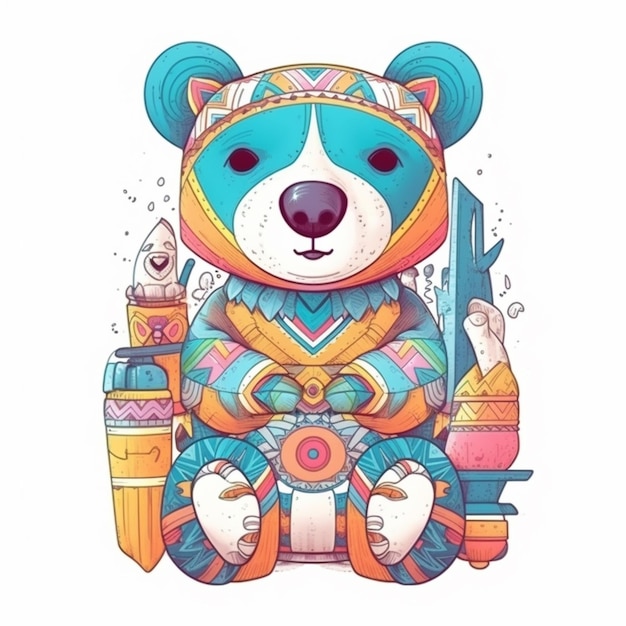 Un oso de dibujos animados con un traje colorido sentado en un banco generativo ai