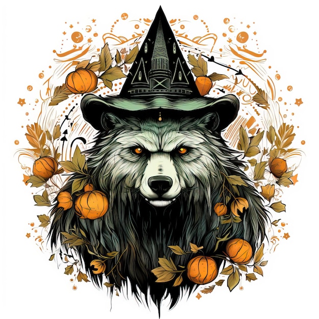 oso, disfraz de Halloween, diseño, vector, en, el, estilo, de, tatuaje, inspirado, luz, negro y naranja