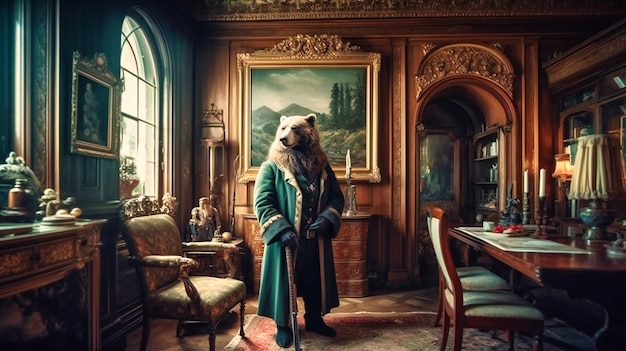 Un oso distinguido como cazador con traje de cazador sosteniendo un rifle en una habitación clásica